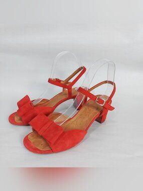 Chie Mihara Red Orange Suede Bow Ankle Buckle Strap Comfort Low Block Heel 38.5